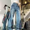 Jeans Rectos Retro con Cremallera y Bordado de Estrellas para Hombres y Mujeres Pantalones de Pierna Ancha High Street