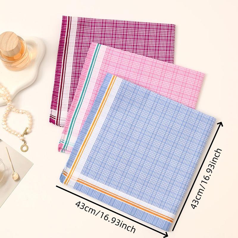 3Pcs Handkerchief Thin Pure Cotton Water-Absorbent Plaid Handkerchief Sweat-wiping Color Mixing 3Pcs