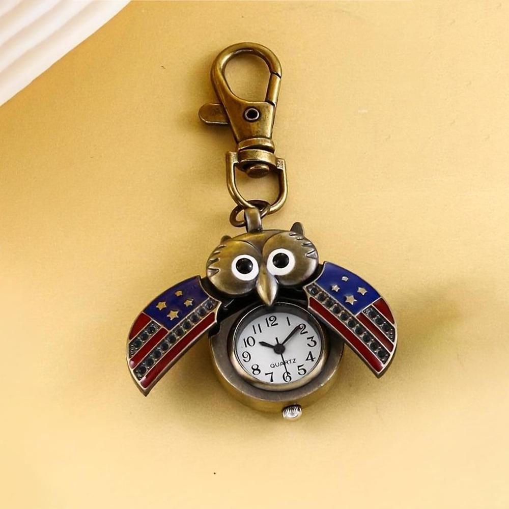 Cartoon Owl Keychain Watch Hanging Watch Vintage White Steel Drop Glue Openable Owl Cartoon Neck Chain Watch Watch