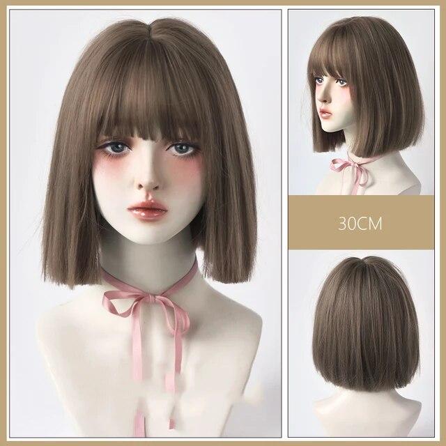 AS černé krátké rovné syntetické paruky s ofinou Bob paruka pro ženy Denní Cosplay Party Tepelně odolné umělé vlasy