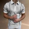 Trendy chain print short-sleeve zip polo shirt, stylish men's casual wear.