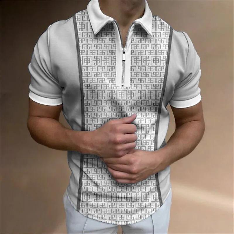 Trendy chain print short-sleeve zip polo shirt, stylish men's casual wear.