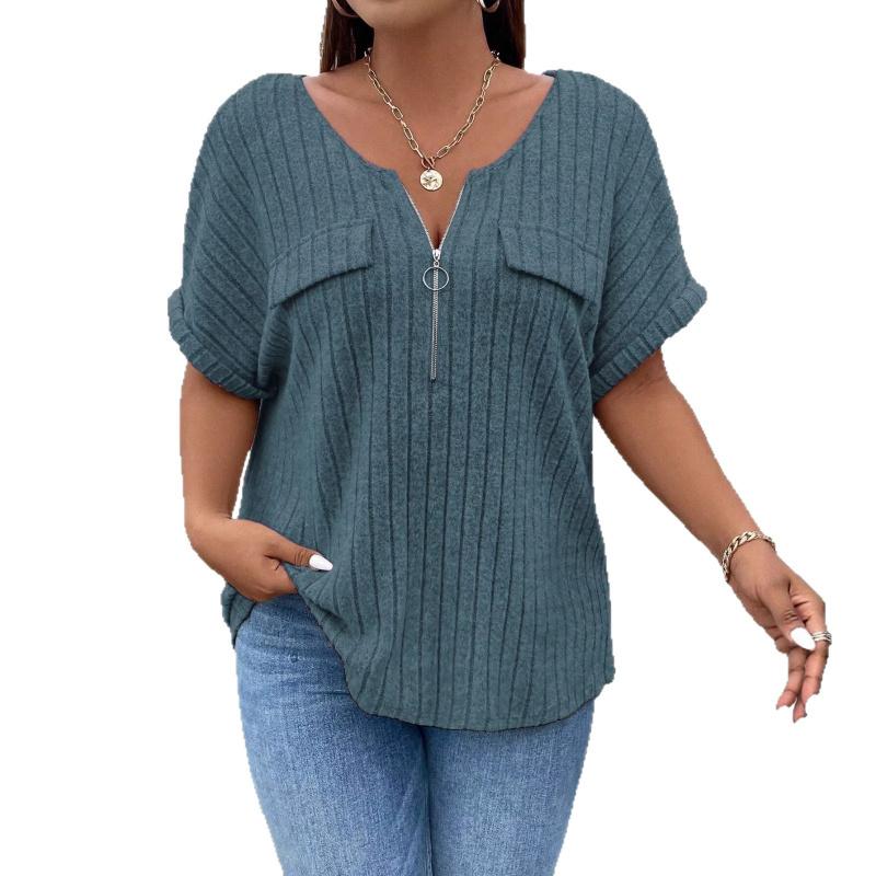 2026 Spring/Summer New Plus Size Solid Color Women's V-Neck T-Shirt Loose Top with Zipper Short Sleeves and Faux Pockets