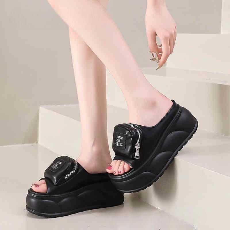 Women's Summer Versatile Casual One-shoulder Slippers with A Thick Sole and Height-increasing Muffin Feel