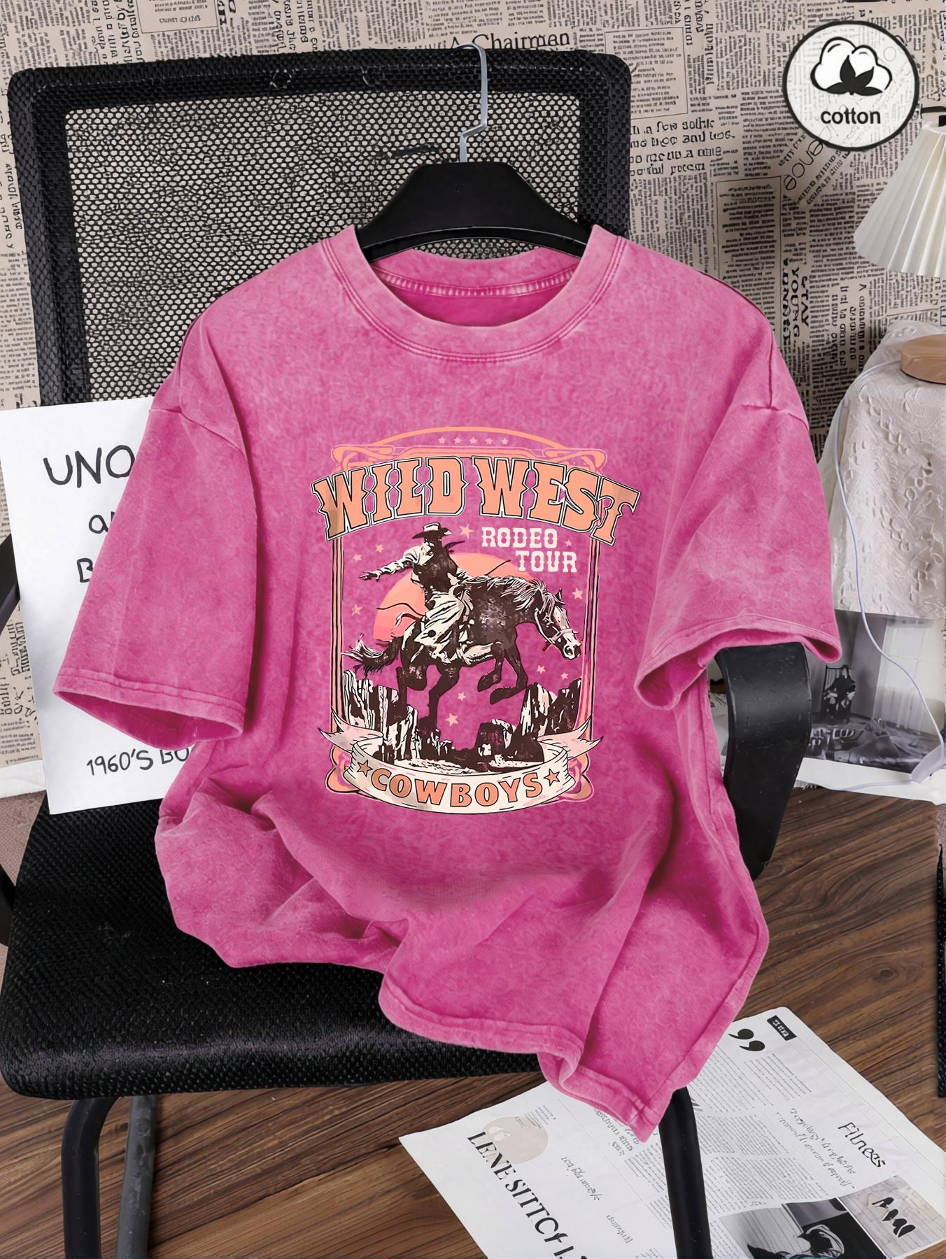

Wild West Cowboys Print Snow Wash Women Tee Shirts Hip Hop Summer T Shirt Casual Washed Clothes Cotton Oversized Short Sleeves S
