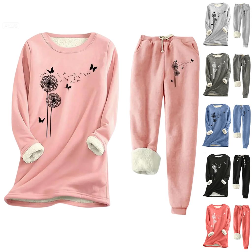 Women's Print Round Neck Warm Suit Long Sleeve Fleece Drawstring Sweatpants Two-Piece Set