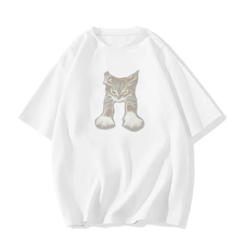 100% Pure Cotton Women's Cat Print Short Sleeve T-Shirt, Plus Size, Slimming Round Neck, Summer 2024 Collection.