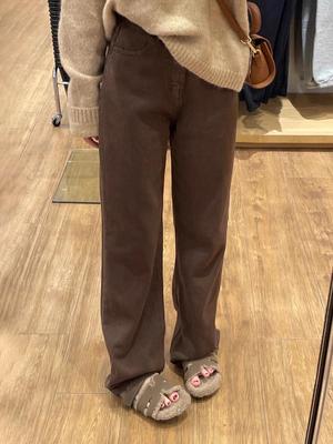 Melanoid Brown High Waist Wide-Leg Jeans for Women - Autumn/Winter Velvet Lined Floor-Length Pants