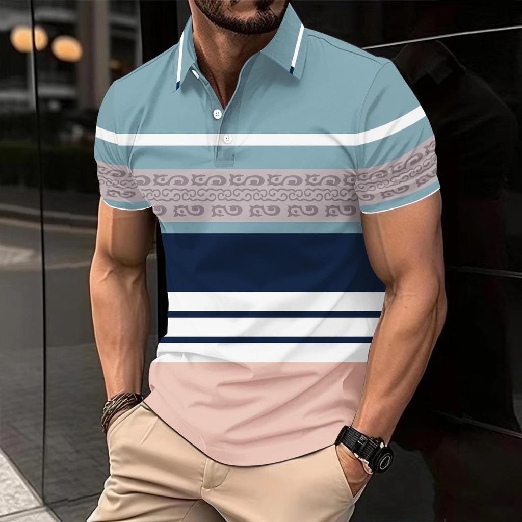 New Men's Casual POLO Shirt Digital Printing Striped Buttons Lapel Top T-shirt