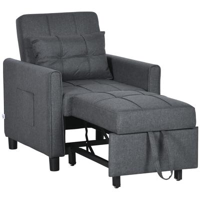 1-Seater 3-in-1 Convertible Armchair Backrest Adjustable In 3 Positions Pillow Included 2 Side Pockets 69x82x85cm Grey