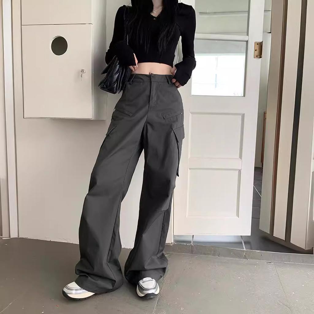 American Retro Gray Overalls New Street Loose Straight Wide-leg Trousers