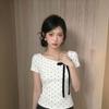 Gram Cotton, Polka Dot Shoulder Short-sleeved T-shirt Women's Summer Bow Design Sense Slim-fitting Short Korean Top
