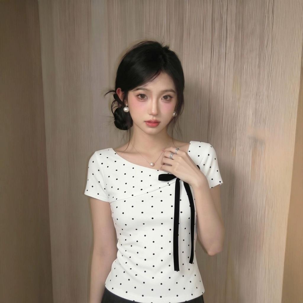 Gram Cotton, Polka Dot Shoulder Short-sleeved T-shirt Women's Summer Bow Design Sense Slim-fitting Short Korean Top