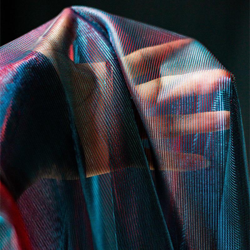 Vintage Gradient Blue Mesh Fabric See-through Laser Color-changing Designer DIY Sewing Creative Clothing Fabric Background Cloth