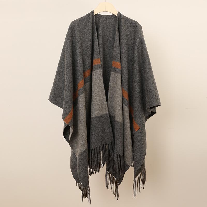 Women's Lambswool Mid-Length Color Block Shawl Cloak with Tassels