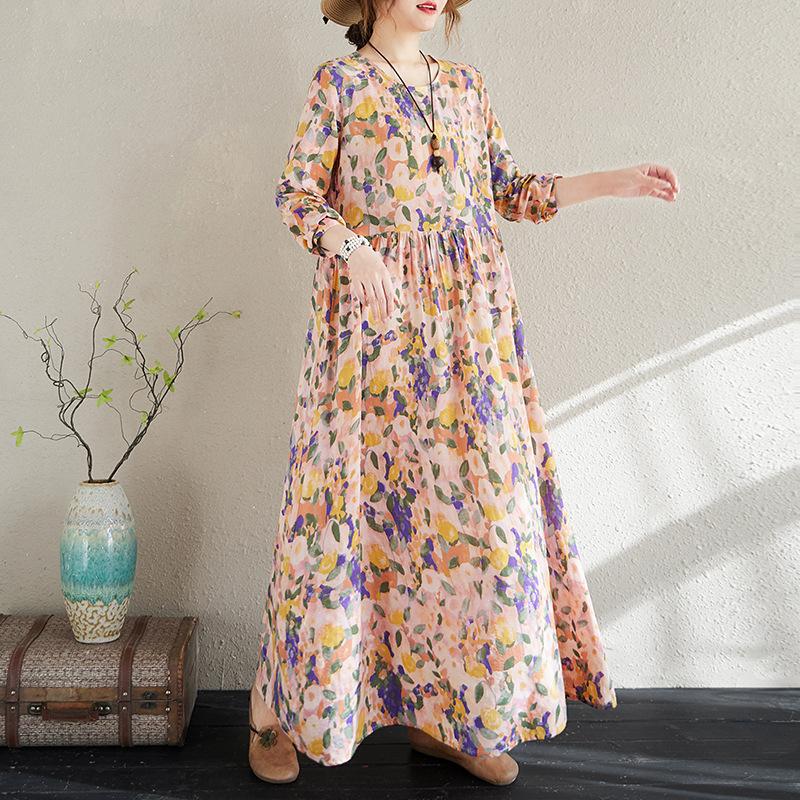 Early Spring Floral Vacation Style Travel Round Neck Retro Long Dress for Women Long Sleeved Vintage Dresses