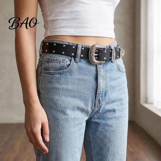 Durable Imitation Leather Belt 105cm Retro Rivet for Women, Adjustable Waist with Double Hot Girl Style Row Grommets & Carved Alloy Buckle, Edgy Jean