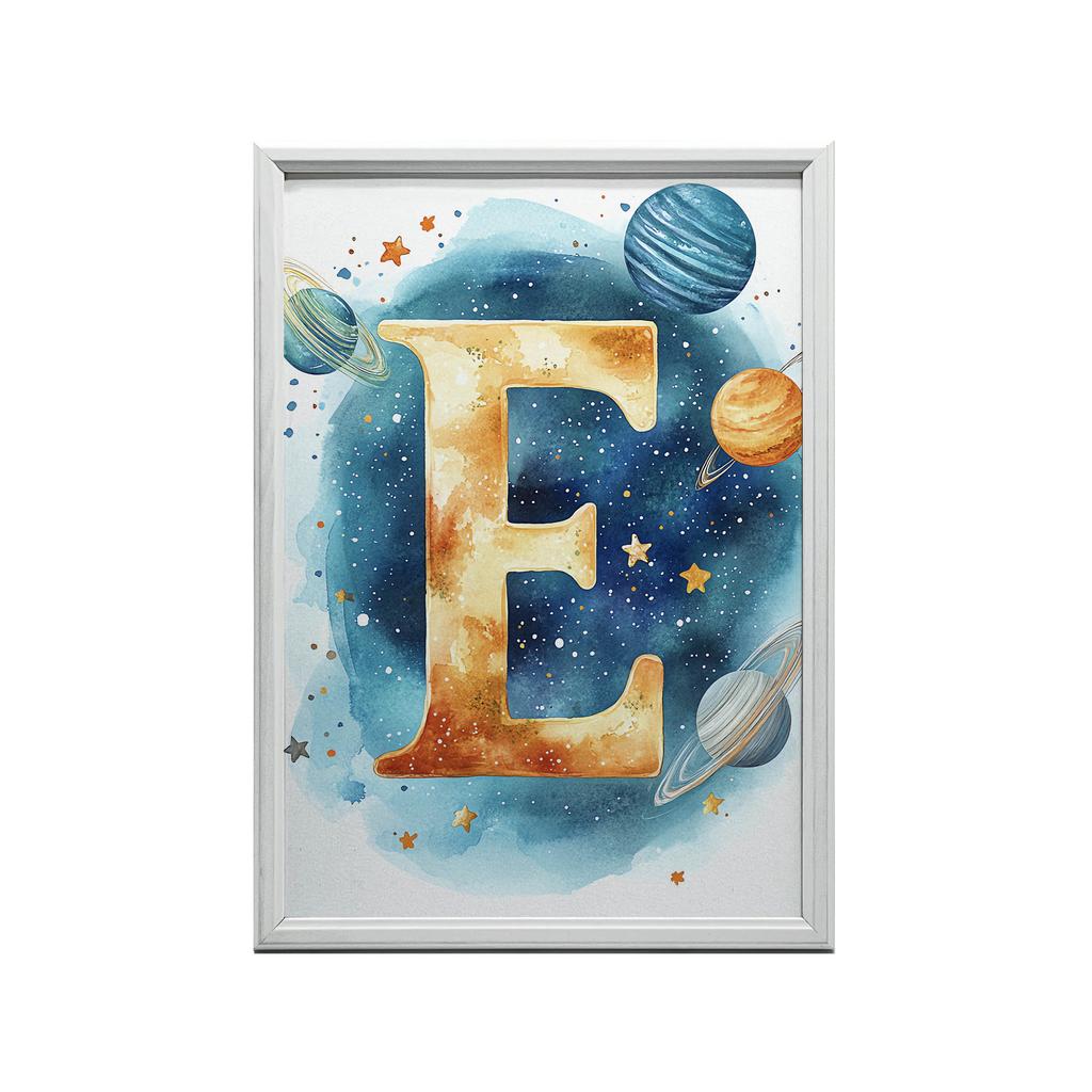 Kosmiczna Litera E - Plakat Dekoracyjny Do Pokoju Dziecięcego Kosmiczna Litera E - Plakat Dekoracyjny Do Pokoju Dziecięcego, 50X70 Cm, Rama Drewniana
