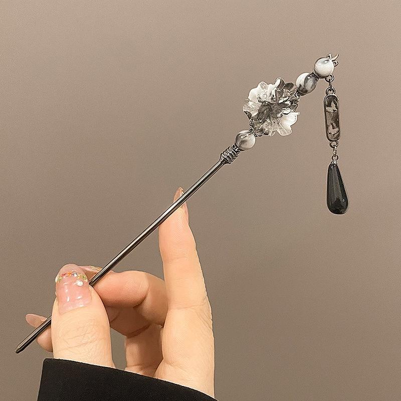 Chinese Court Style Flower Hairpin Ink Colored Flower Tassel Metal Hair Stick For Women Elegant Exquisite Jewelry Hair Accessory