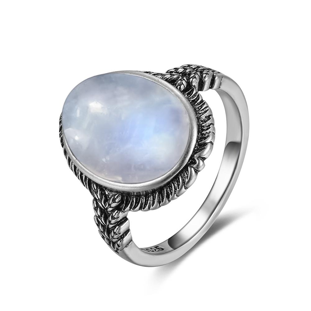 Vintage 925 Sterling Silver Natural Moonstone Rings Bohemia Oval Shape Retro Ring Gifts Fine Jewelry for Women Men