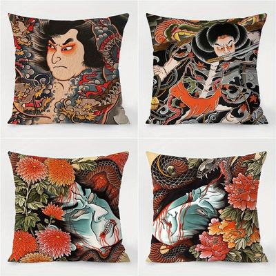 4-Pack Japanese Tattoo Inspired Pillow Covers, Unique Single-Sided Print Artistic Cushion Cases for Sofa and Home Decor