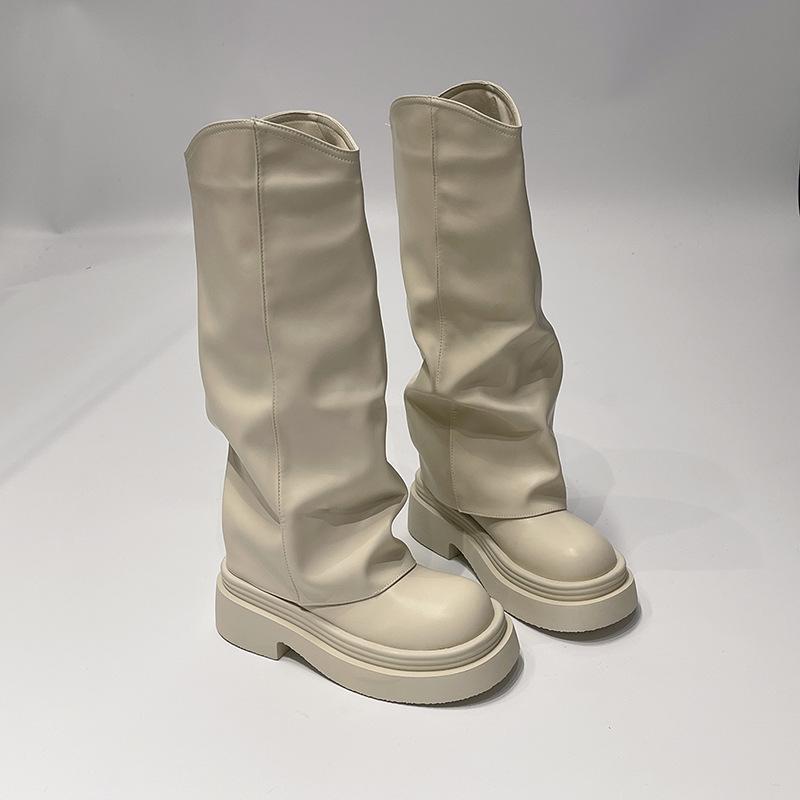

Stylish and simple versatile platform boots women s autumn and winter leather surface thin and heightening knight boots tall British boots 40 бежевый