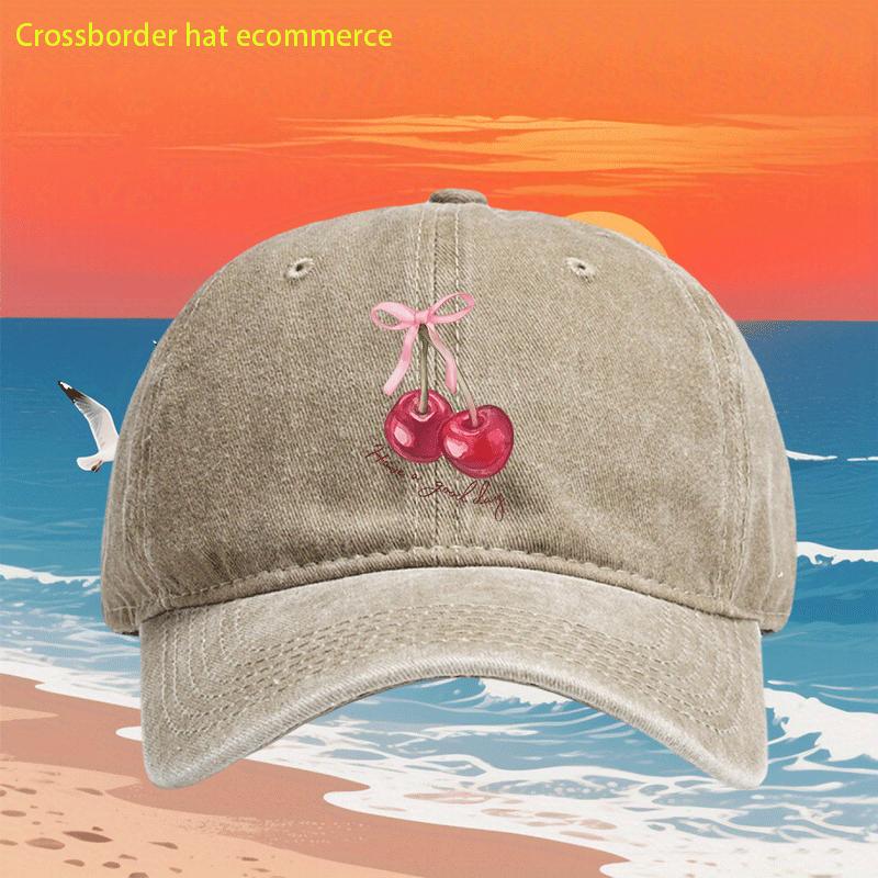Cherry Bow Print Washed Baseball Cap Casual Polyester Adjustable Curved Brim Couple Hat