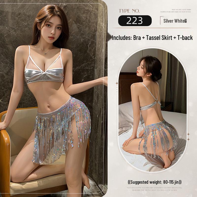 Illusion Nightclub Sequin Tassel Mini Skirt & Split Halter Lingerie 3-Piece Set