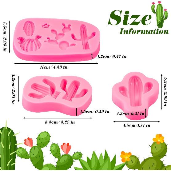 3 Pieces Cactus Silicone Fondant Moulds Cacti Hawaiian Cake Moulds Set for Making Sugar Chocolate Candy Gum Paste Cupcake Cake Decoration Supplies