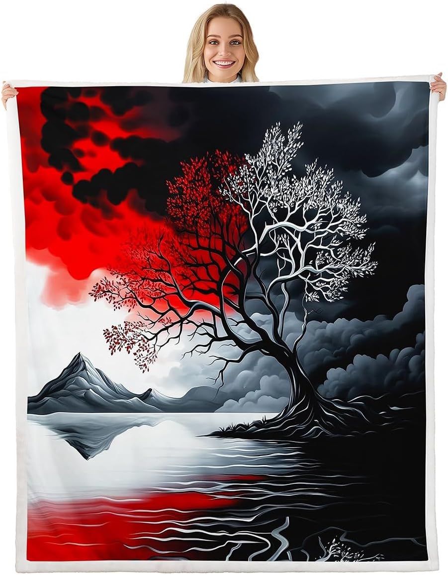 

GUOYU Blanket Tree of Life Bed BlanketCouple Grey Red Splicing Blanket for Room DecorJapanese Style Natural Scenery Fleece Blanket for Kids 75x100cm (30x40inch)