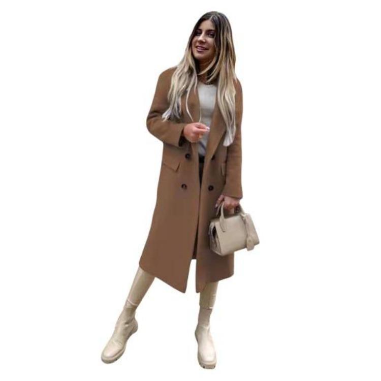 Winter Long Sleeve Women Overcoat Solid Color Lapel Button Design Mid Length Coat with Pockets Outerwear