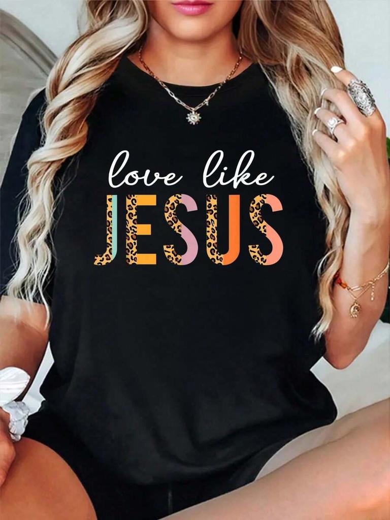 Cotton Graphic Women's T‑Shirt Love Like Jesus Leopard Heart Christian Faith Believer Print Short Sleeve Religious Casual Everyday Outfit Tee