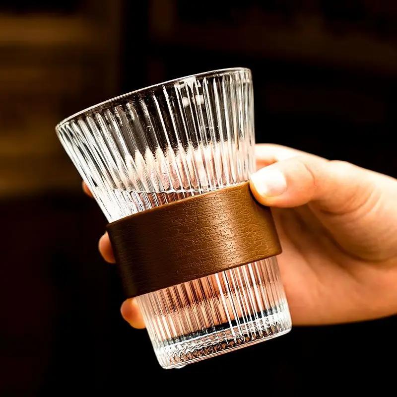 1pc Glass Coffee Cups Japanese Style Tea Cup With Cup Sleeve Wine Glasses Simple Striped Mugs Beer Milk Juice Cold water cup