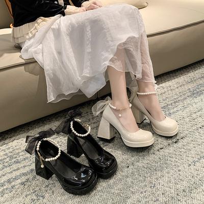 Fashion Luxury Women High Heels Elegant Square Toe Women Bow Mary Jane Shoes Pearl Lace Party Wedding Platform Shoes Fashion Women Pumps
