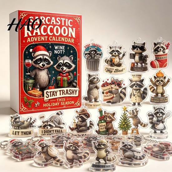Holiday Countdown Gift Box Raccoon Advent Calendar, 24 Days 2D Acrylic Ornament Decorative Figures Collectible Cute Pendents for Home, Tree,
