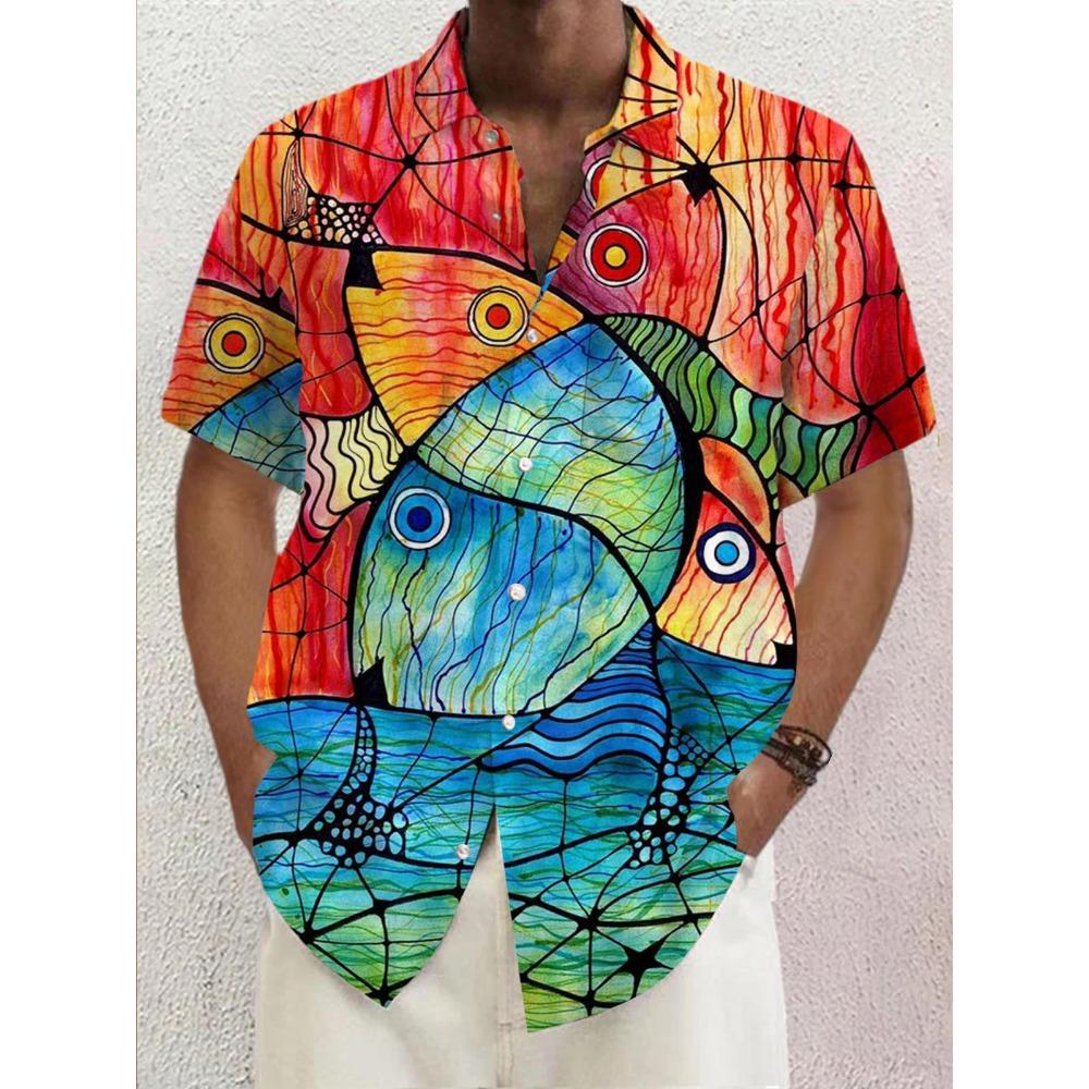 Nuova Camicia Stampata Hawaii Primavera/Estate Moda Tempo Libero Passeggiata in Strada Turista Spiaggia Apertura Totale Manica Corta con Bottoni