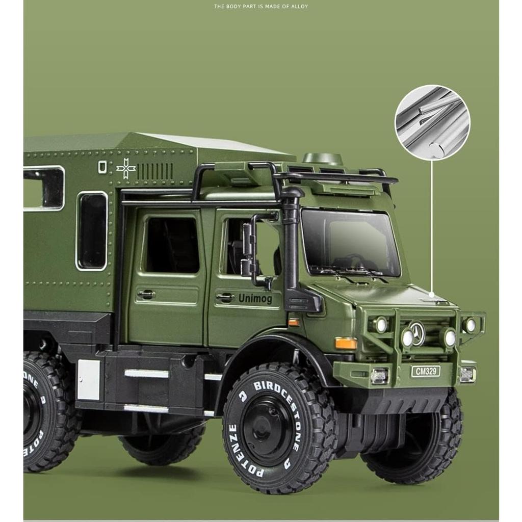 1/32 Scale Benz Unimog Alloy Model Car with Sound and Light, Pull Back Car Model for Kids Toys Party Gifts Collectible