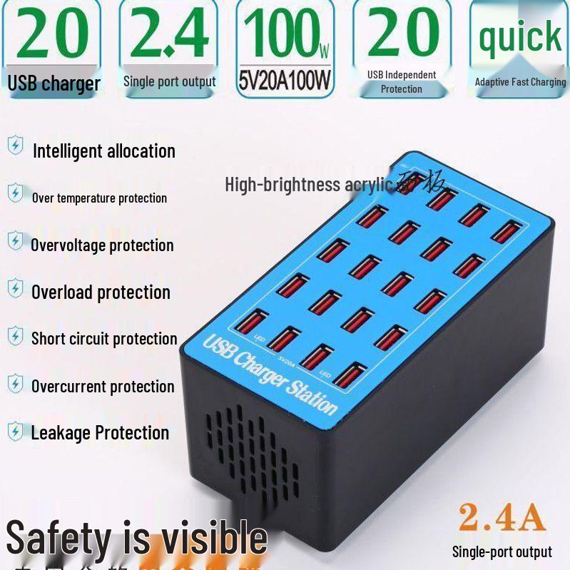 20-Port High Power USB Fast Charger 20A Charging Station for Smartphones & Tablets