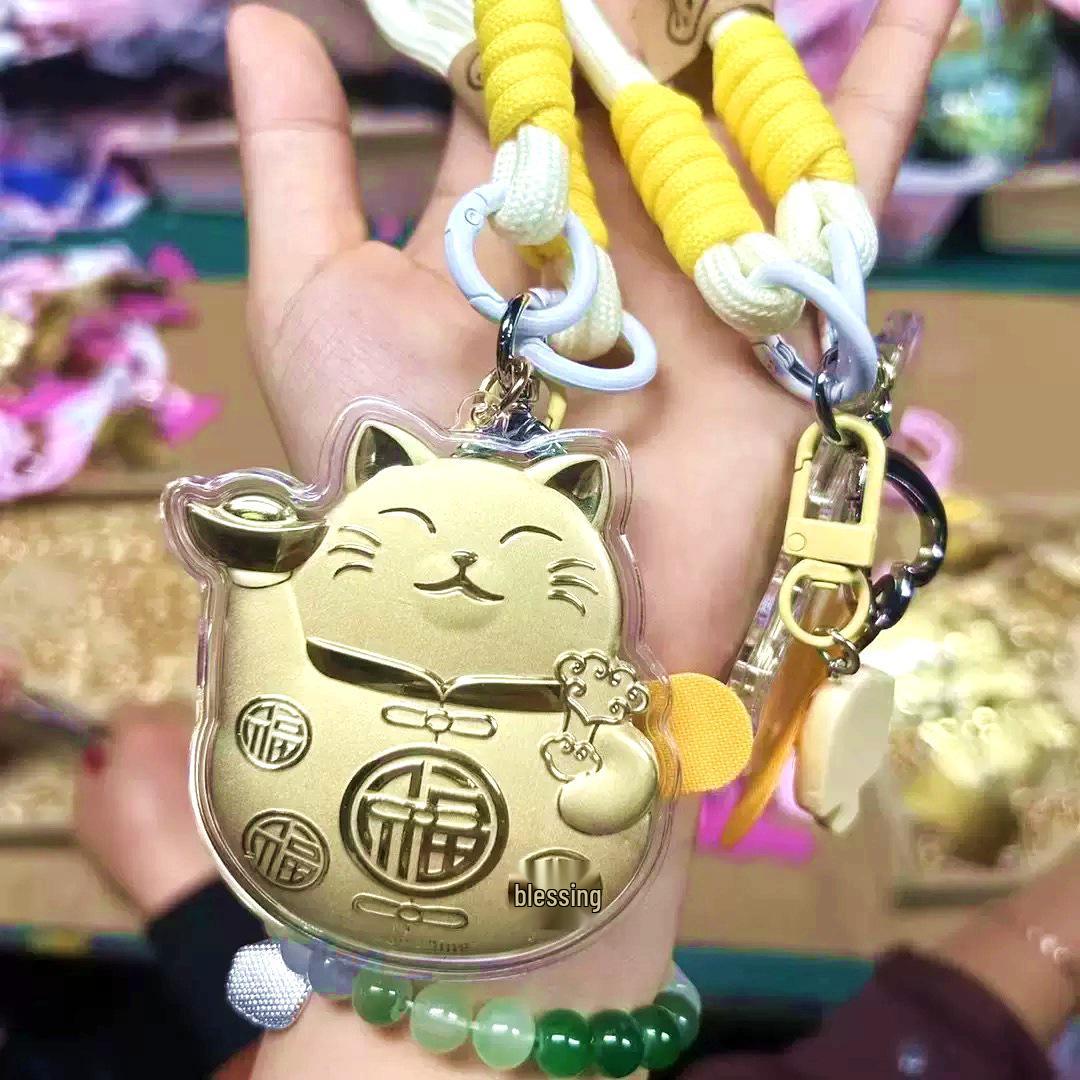 Golden Fat Cat Keychain Pendant - 999 Pure Gold Lucky Bag Charm Gift for Girlfriend or Best Friend