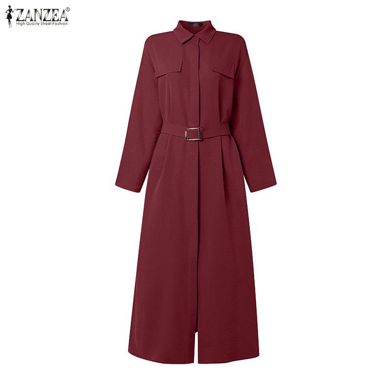 ZANZEA Autumn Spring Women Lapel Collar Belted High Waist Split Long Sleeve Casual Maxi Dress