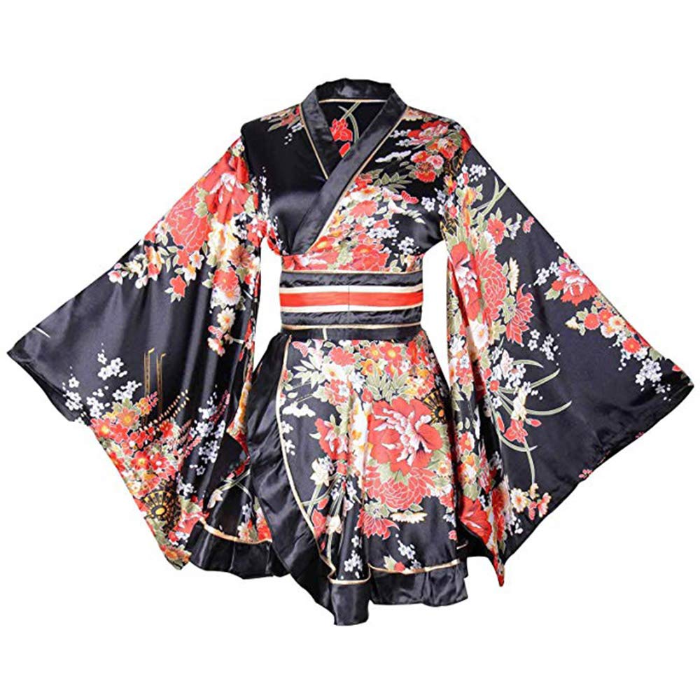 

Mini Kimono Ruffled Ribbon Obi Satin Front Japanese Short Sexy Loungewear [Joel Ding s Store] Women s Kimono-style Bathrobe, Dress, Hem, Tie, чорний