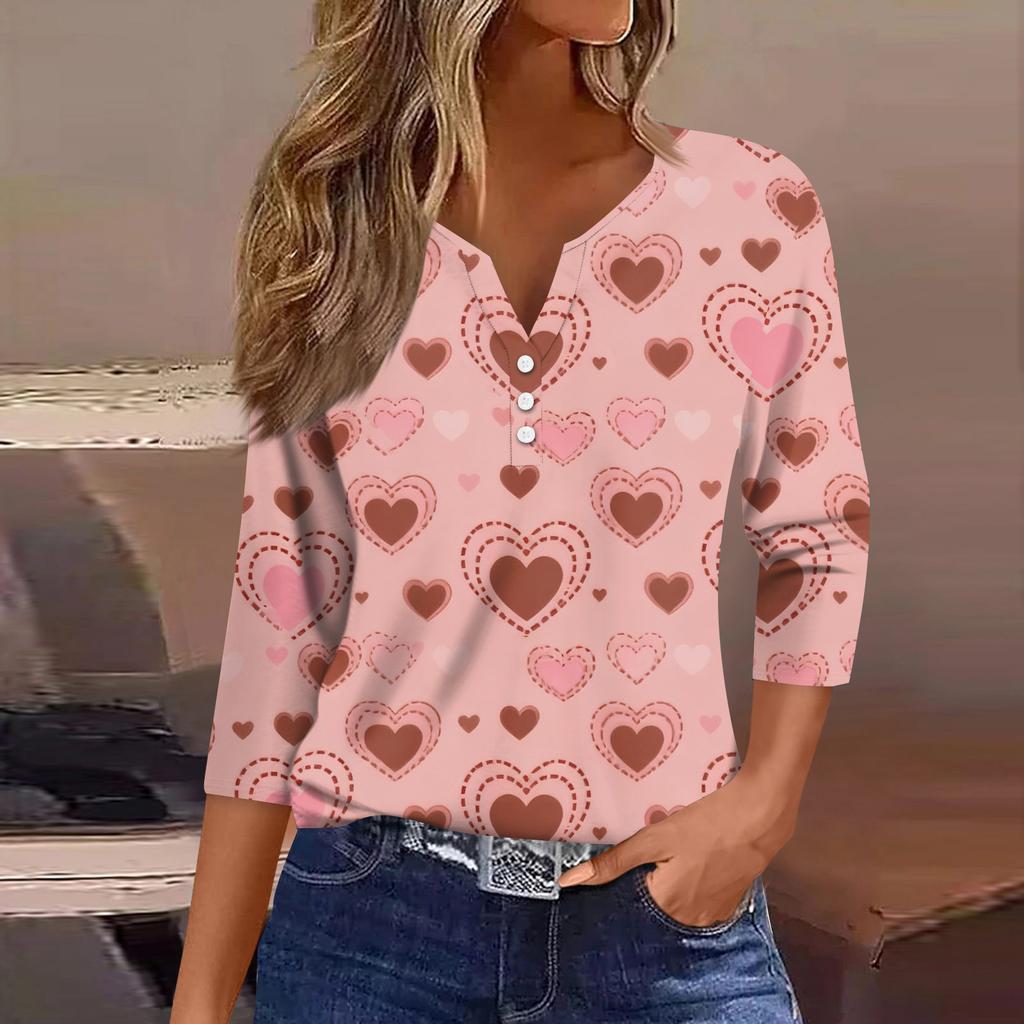 Women's Fashion Button-Up V-Neck Three-Quarter Sleeve Valentine's Day Print Top