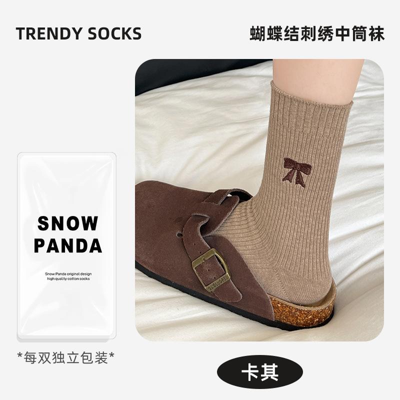 Bow Socks Women'S Autumn Korean Wind Cotton Socks Retro Medium Tube Socks Solid Color Women'S Socks Medium Tube Stacking Socks