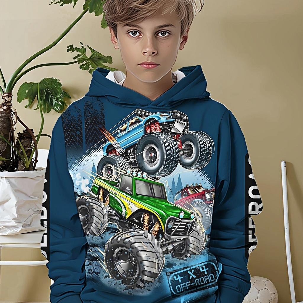 Big wheel truck 4x4 printed boys' simple hoodie - casual round neck long sleeved pullover, fashionable all season hoodie