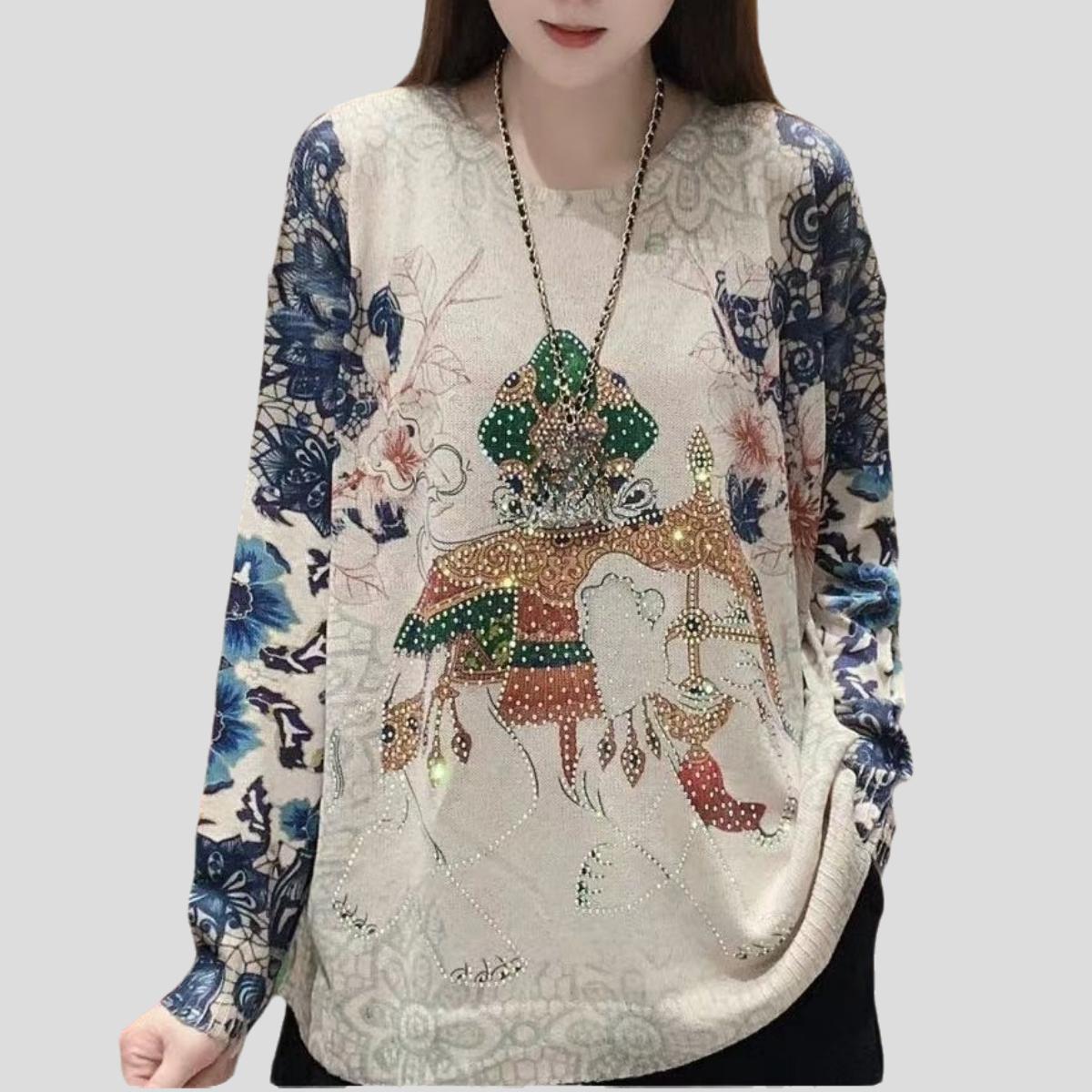 Summer Ethnic Style Women s Jacquard Knit Top Loose Rhinestone Round Neck Knit Sweater one size