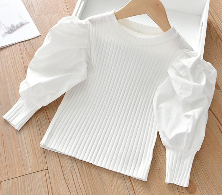 

Модная трикотажная футболка с рукавами-буфами для девочек - Весна/Осень 2023 Корейский стиль для детей 140cm белый