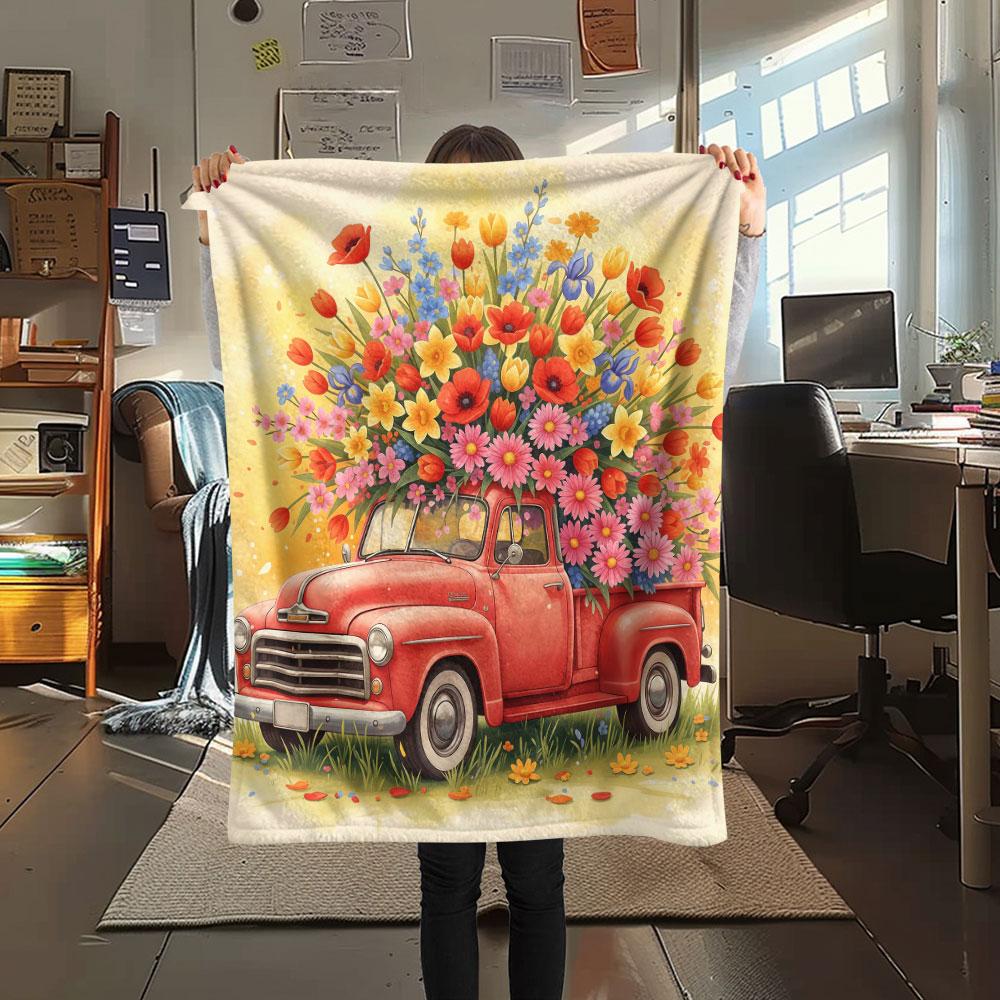 1Pc Seasons truck Print Flannel Blanket, High quality Comfortable for All Seasons, Home Decor, Warmth and Comfort, Perfect for Christmas Gifts