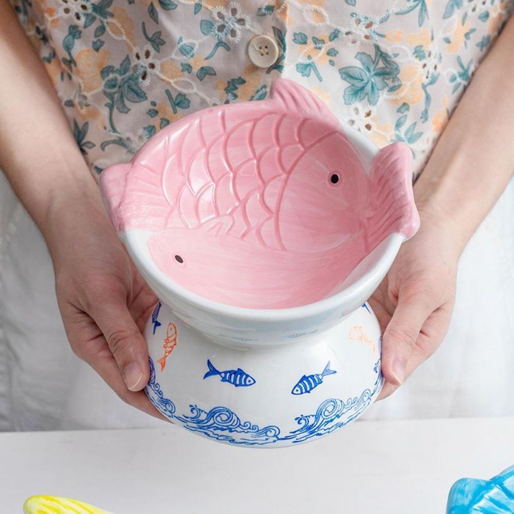 Cute Ceramic Cat Bowl,Tall Neck Protection,Anti-knock,Leak-proof Oblique Mouth,Anti-black Chin Cat Dog Food Basin,Pet Supplies