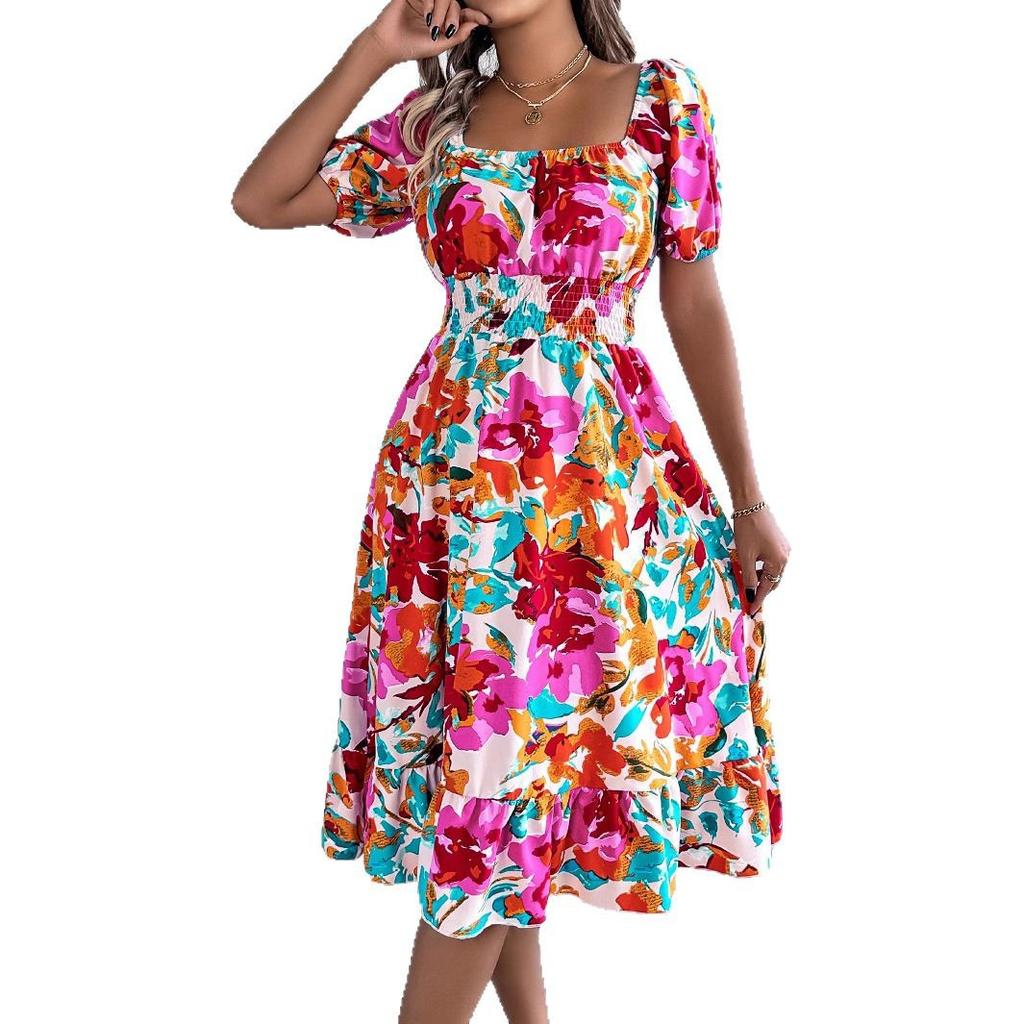 New Women's Floral Print Square Neck Dress, Short Sleeve A-Line Midi Dress with Ruffle Hem & Tie Waist for Spring Summer Casual Party & Daily Wear