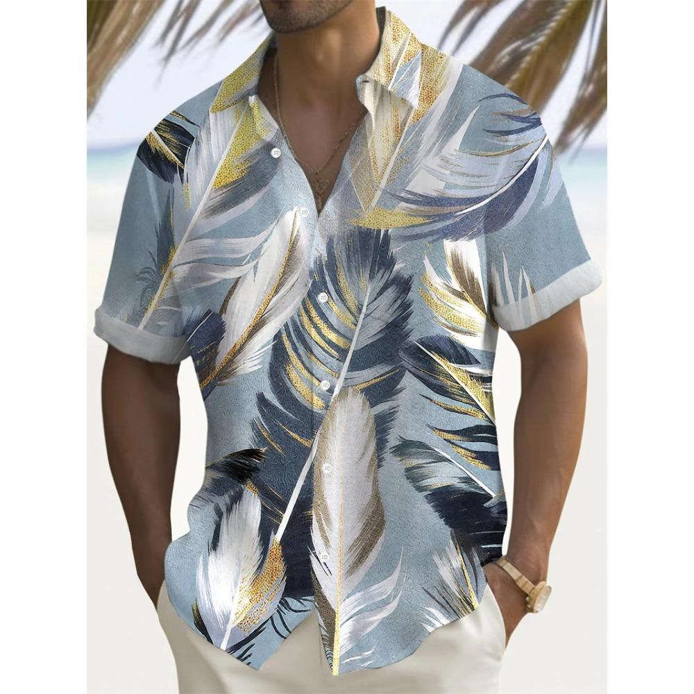 Summer Men's Shirt 3D Print Colorful Feather Short Sleeve Turndown Hawaiian Shirt Button Up Shirts No Pockets Shirts for Women